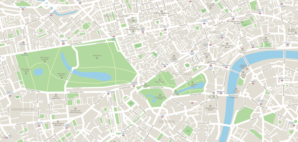 Map of central London showing Hyde Park, Piccadilly, Victoria, and the Thames River with surrounding streets and landmarks.