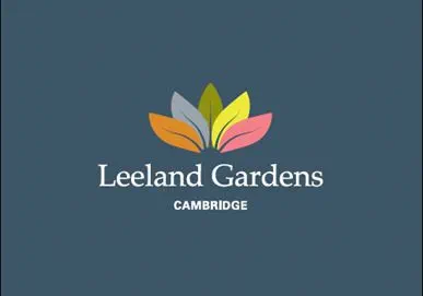 Leeland Gardens Cambridge logo featuring colorful flower petals in green, yellow, orange and pink on a blue background.