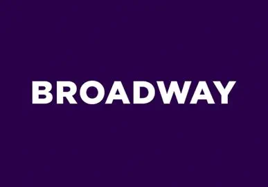 The word "BROADWAY" displayed in bold white text against a deep purple background.