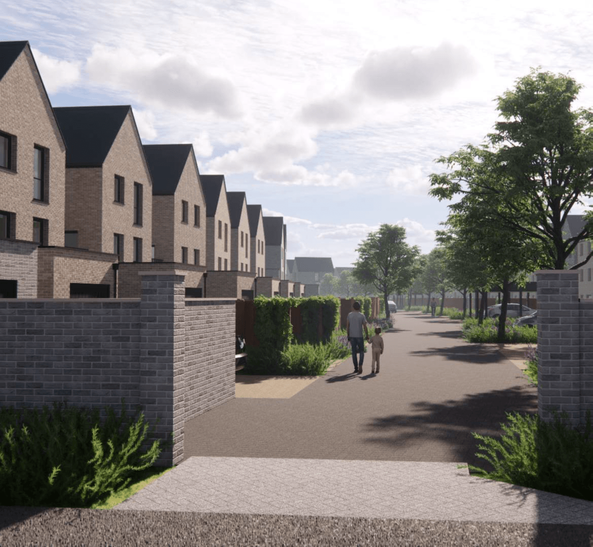A rendered residential street with modern brick homes, an adult and child walking, green trees, and low brick walls under a cloudy sky.