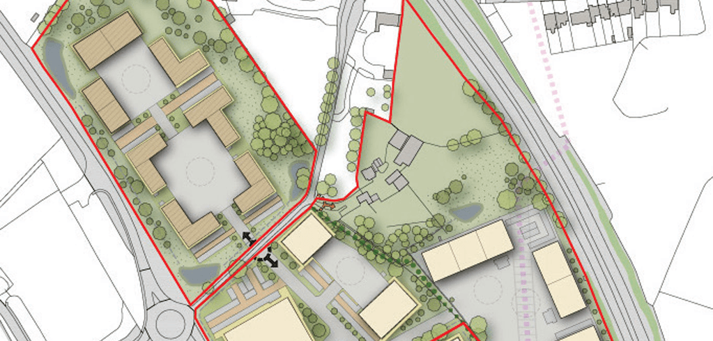 Architectural site plan showing buildings, green spaces, and trees outlined by a red boundary line.