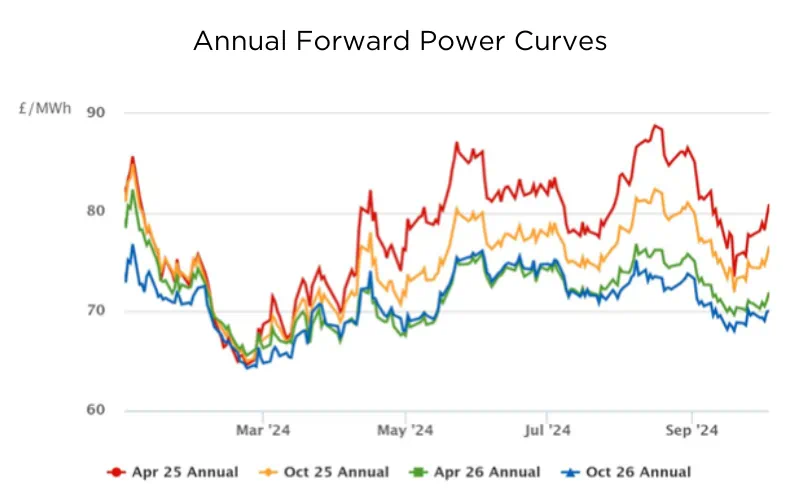 Graph showing Annual Forward Power Curves with four colored trend lines tracking energy prices from March to October 2024.