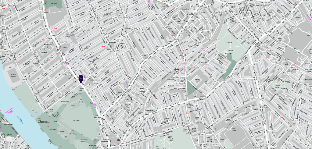 Detailed street map of London with a purple location pin marker, showing neighborhoods, parks, and the Thames River.