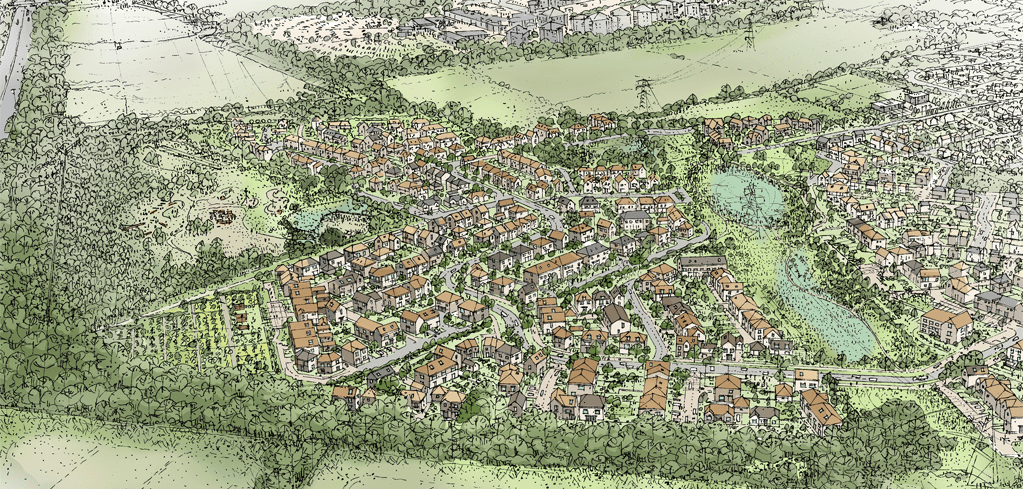 Aerial illustrated sketch of a residential neighborhood with orange-roofed homes surrounded by green trees and fields.