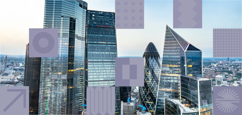 London skyline featuring iconic skyscrapers including the Gherkin and modern glass buildings with purple geometric overlays.