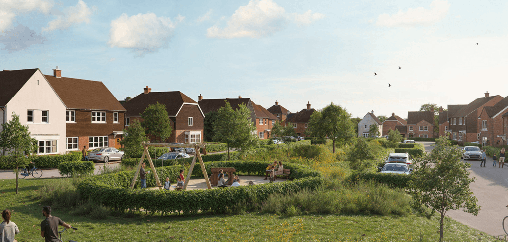 A residential neighborhood with brick homes, green hedges, a playground area with swings, and people enjoying the outdoors.