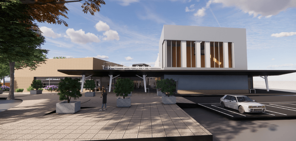 Architectural rendering of a modern building with a tiled plaza, potted trees, a person walking, and a parked car under a blue sky.