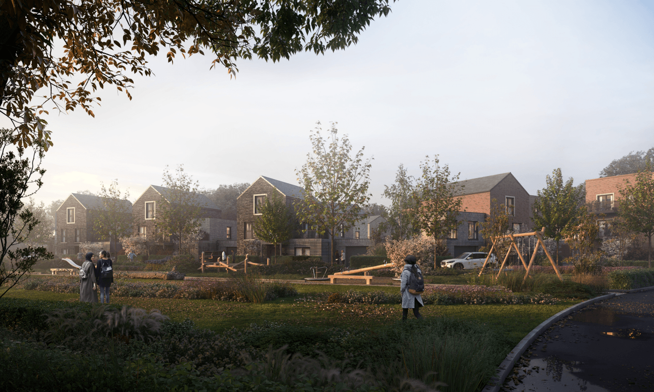 A residential neighborhood with brick homes, green lawns, trees, a playground, and people walking on a misty autumn day.