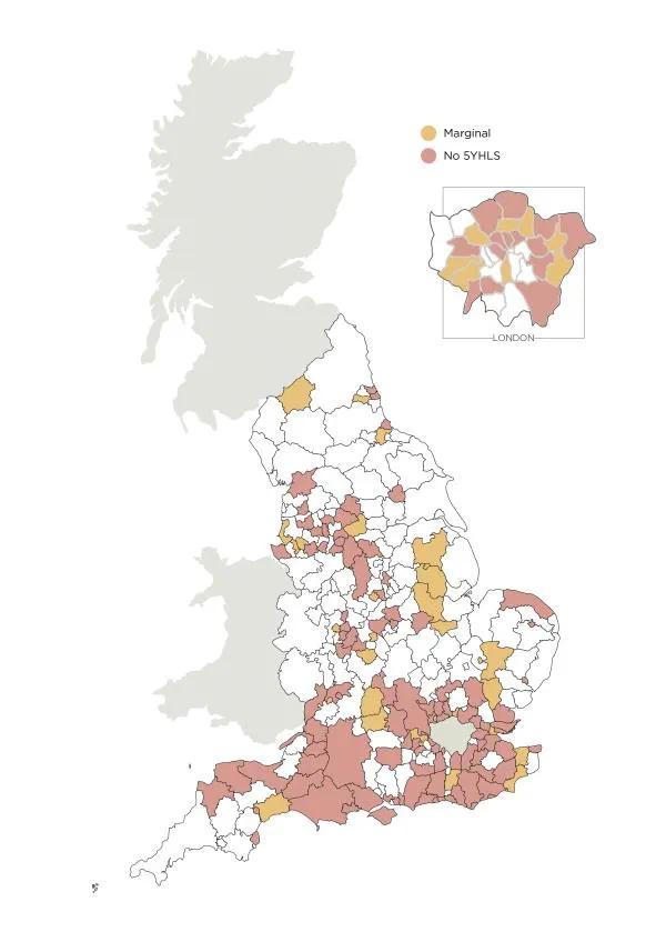 Map of England showing regional distribution of "Marginal" and "No STHLs" areas, with an enlarged view of London boroughs.