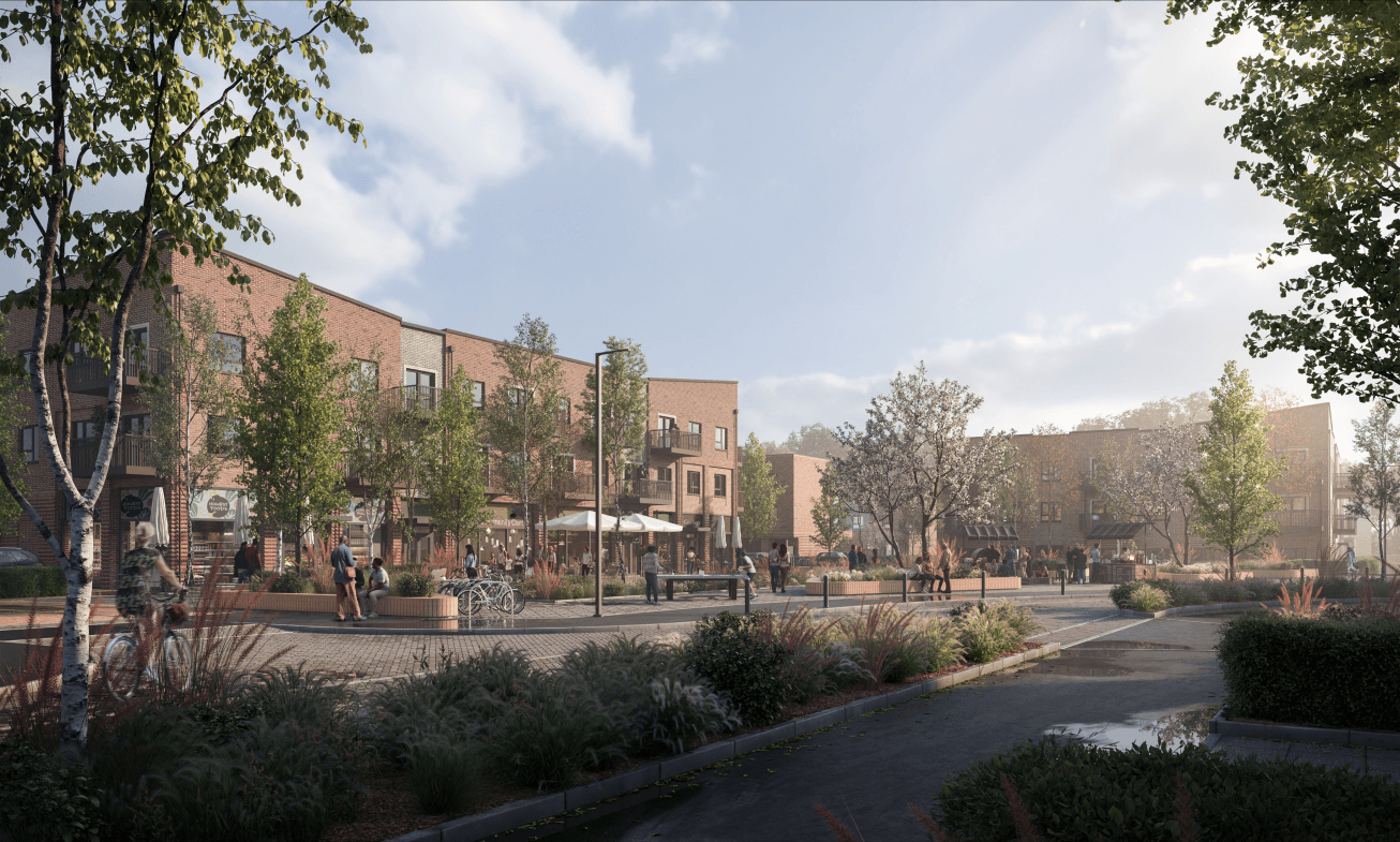 Architectural rendering of a vibrant mixed-use brick development with pedestrians, outdoor seating, trees, and landscaped public spaces.