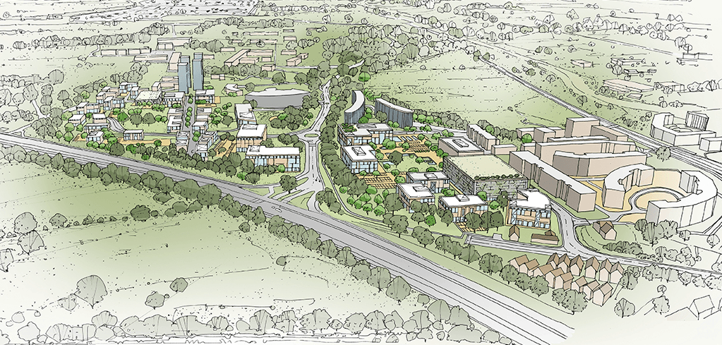 Aerial architectural sketch of a mixed-use urban development with buildings, green spaces, and roads surrounded by trees.