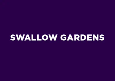 The text "SWALLOW GARDENS" displayed in white capital letters on a deep purple background.