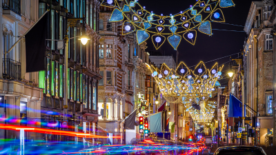 Festive London street at night