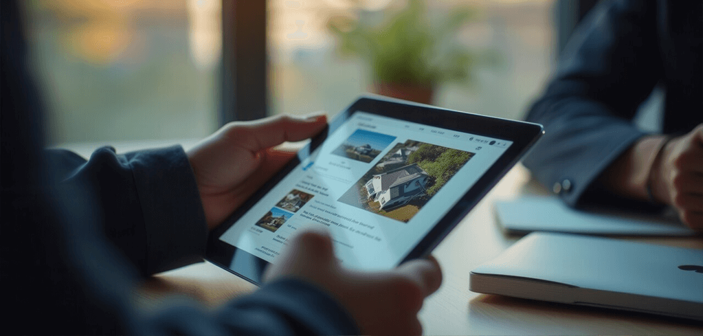 Person viewing real estate listings on a tablet, showing house images in a bright office setting.