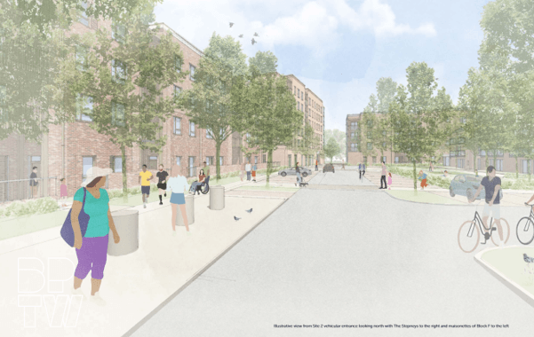 A rendering of a residential street lined with trees and brick apartment buildings, with pedestrians and a cyclist enjoying the area.