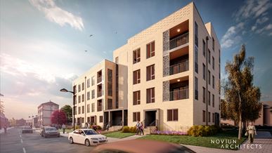 A modern architectural rendering of a mid‑rise residential building with balconies, set along a quiet street with cars, trees, and pedestrians in view.