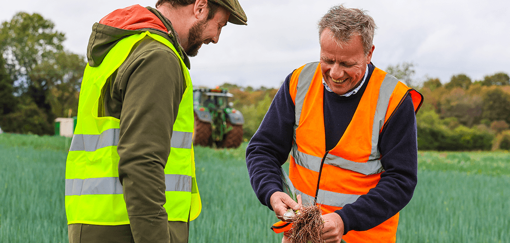 Two agricultural workers in safety vests examining crop roots in a green field with farm equipment in background.
