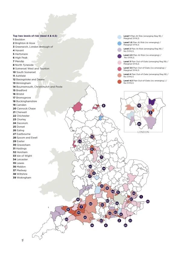 Map of UK showing risk levels across regions with numbered locations and color-coded risk indicators from levels 1-5.