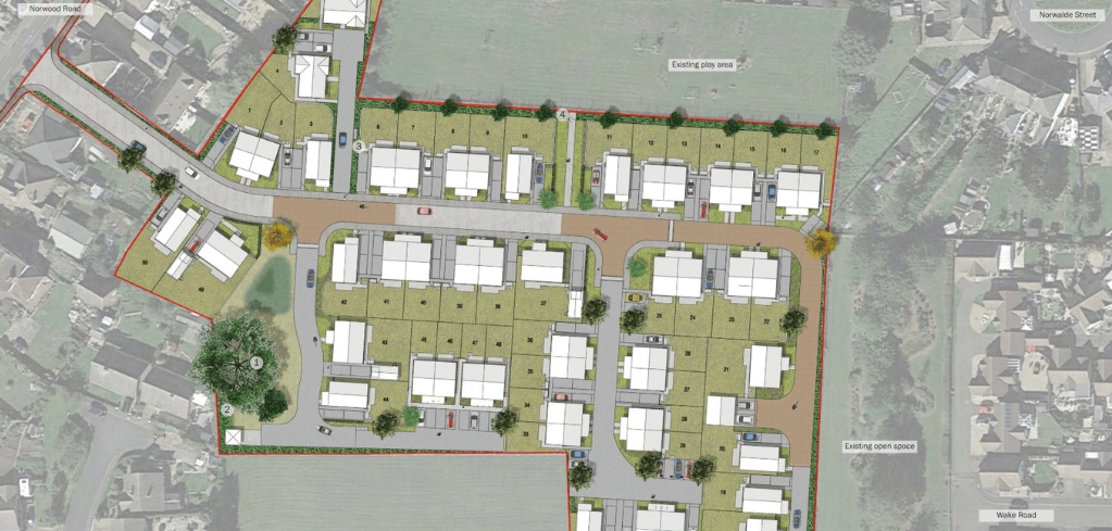 Aerial site plan showing a residential housing development with numbered plots, roads, green spaces, and labeled surrounding streets.