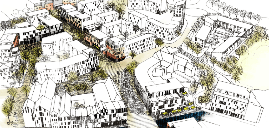 Aerial architectural rendering of a neighborhood development with white buildings, trees, and pathways in a mixed sketch style.