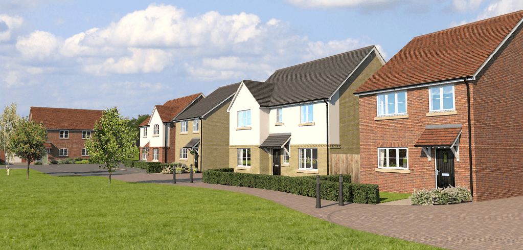 A CGI render of a new residential housing development with brick homes, green lawns, hedges, and a paved pathway under a blue sky.