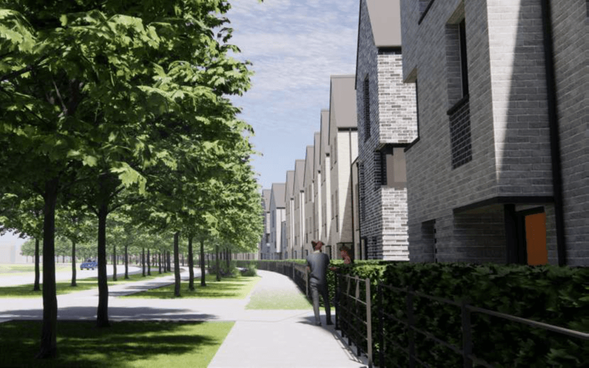 Architectural rendering of a tree-lined walkway beside modern gray brick townhouses, with two people standing near a hedge.