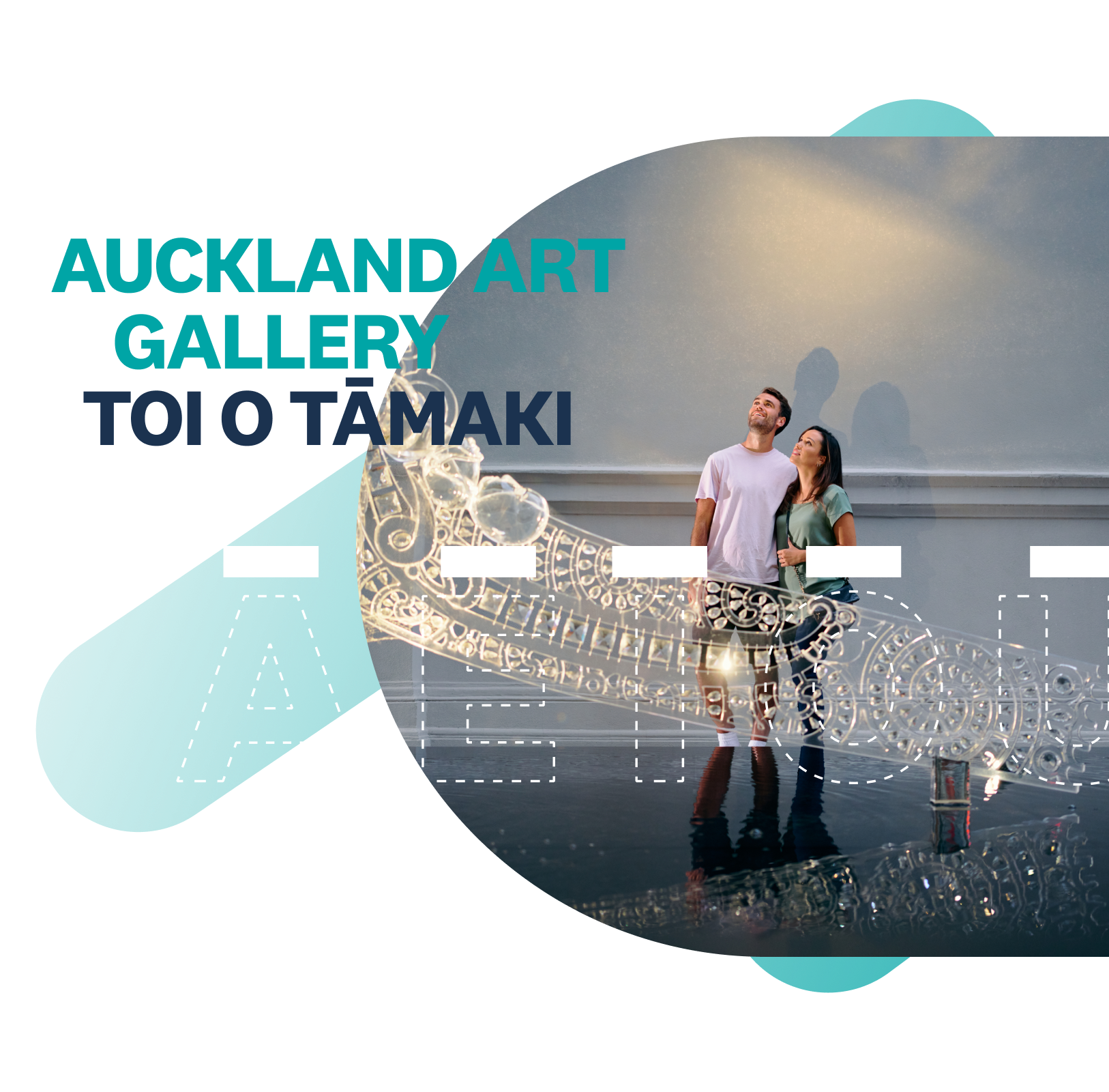 The title 'Auckland Art Gallery, Te Reo text Toi O Tāmaki' overlaying a couple looking up in the art gallery