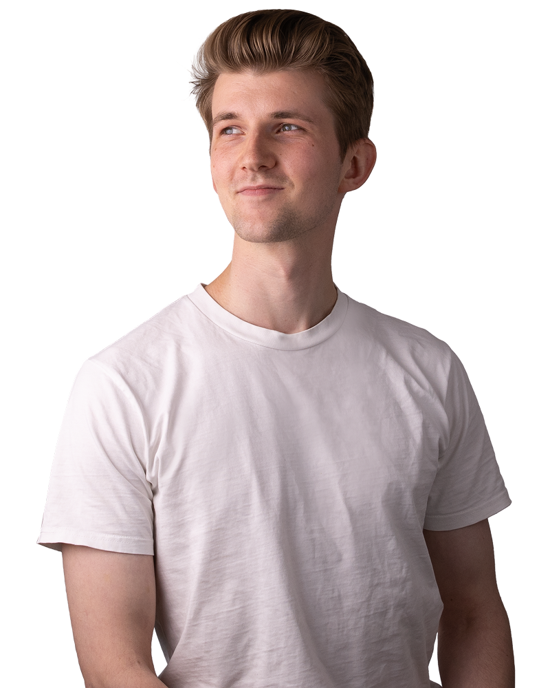 A man wearing a white t-shirt