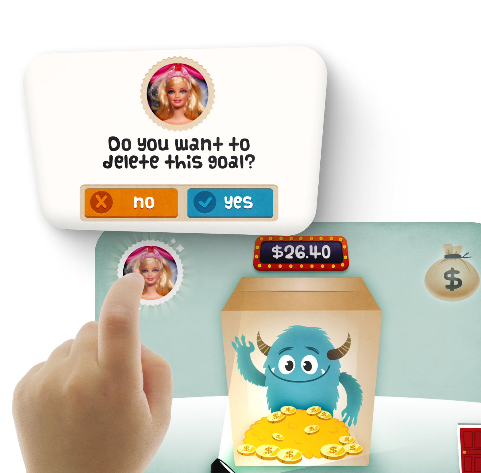 Kids app showing Cash Critter in a pile of coins, their balance and a pop up asking if they want to delete their goal which is a Barbie doll.