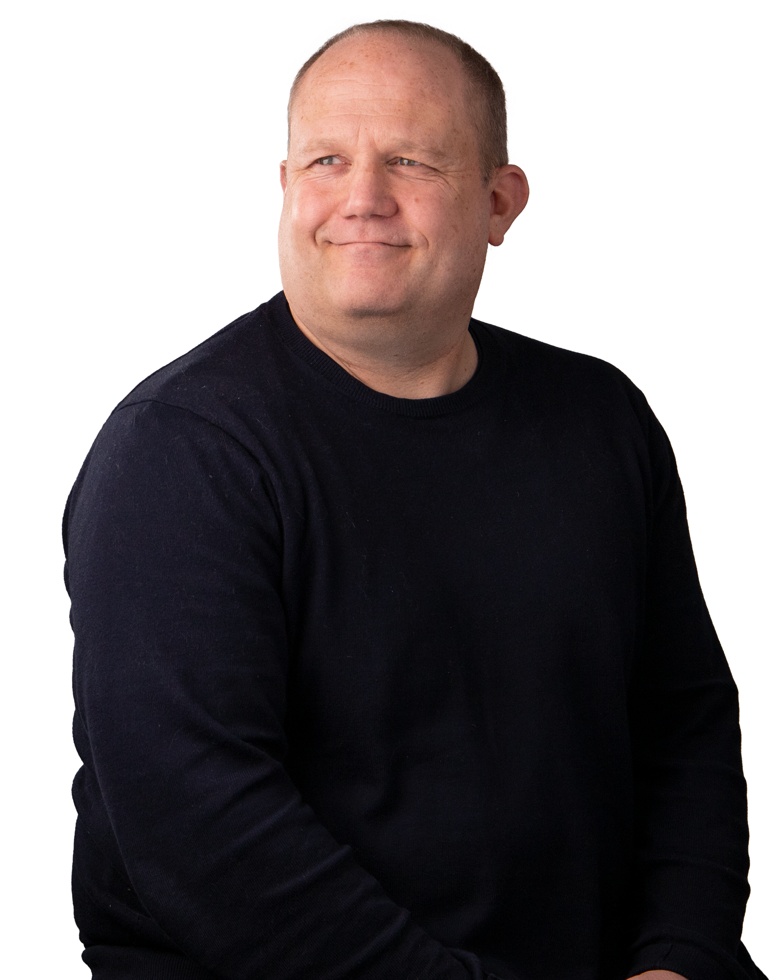 Man smiling, wearing a Navy Blue sweatshirt