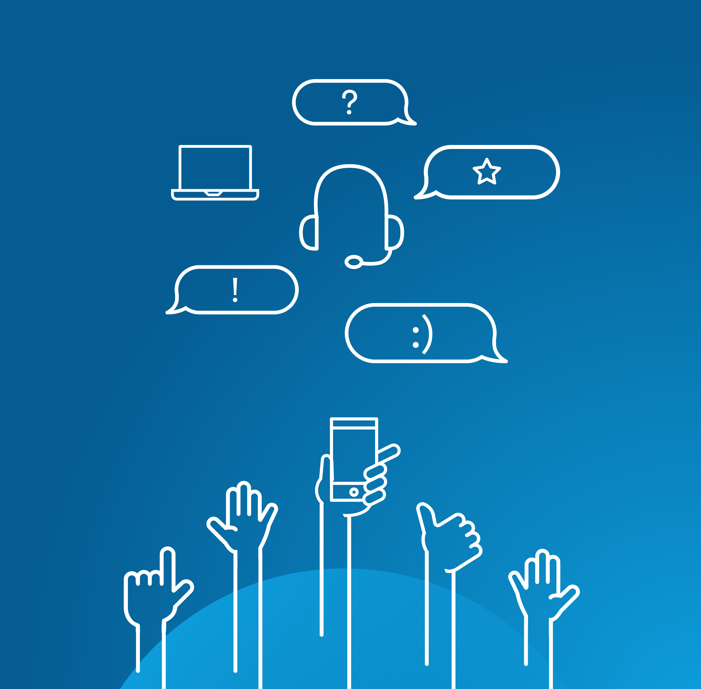 Headset icon surrounded by text message bubbles with different icons in each. Hand icons doing hand gestures, the highest hand holding a mobile phone.