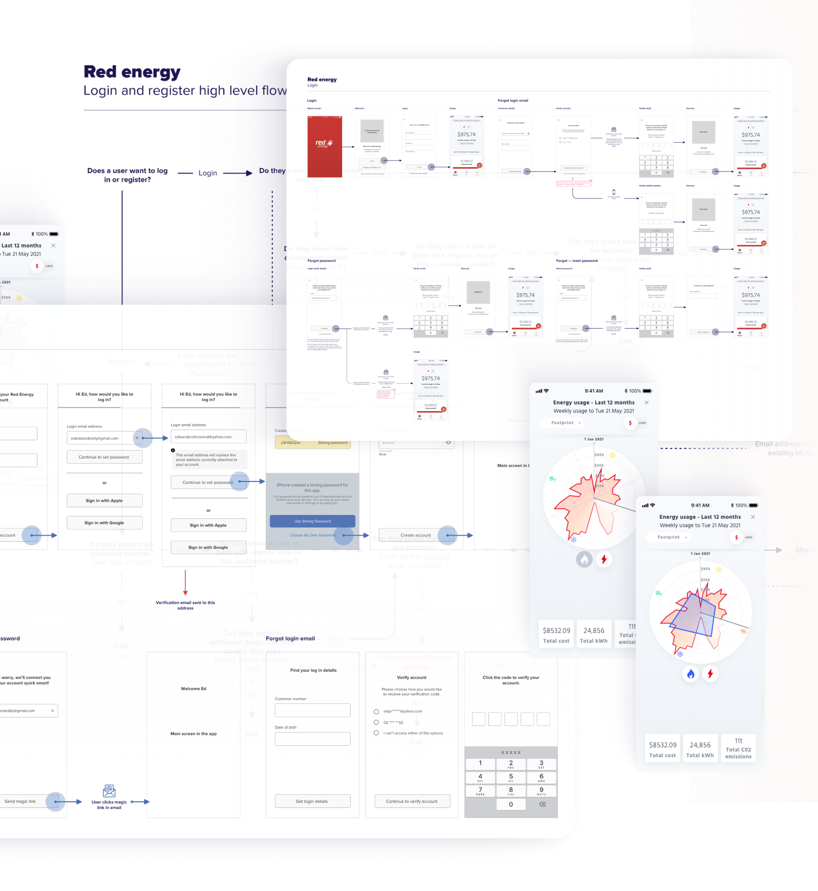 A sample of app wireframe diagrams depicting the login flow