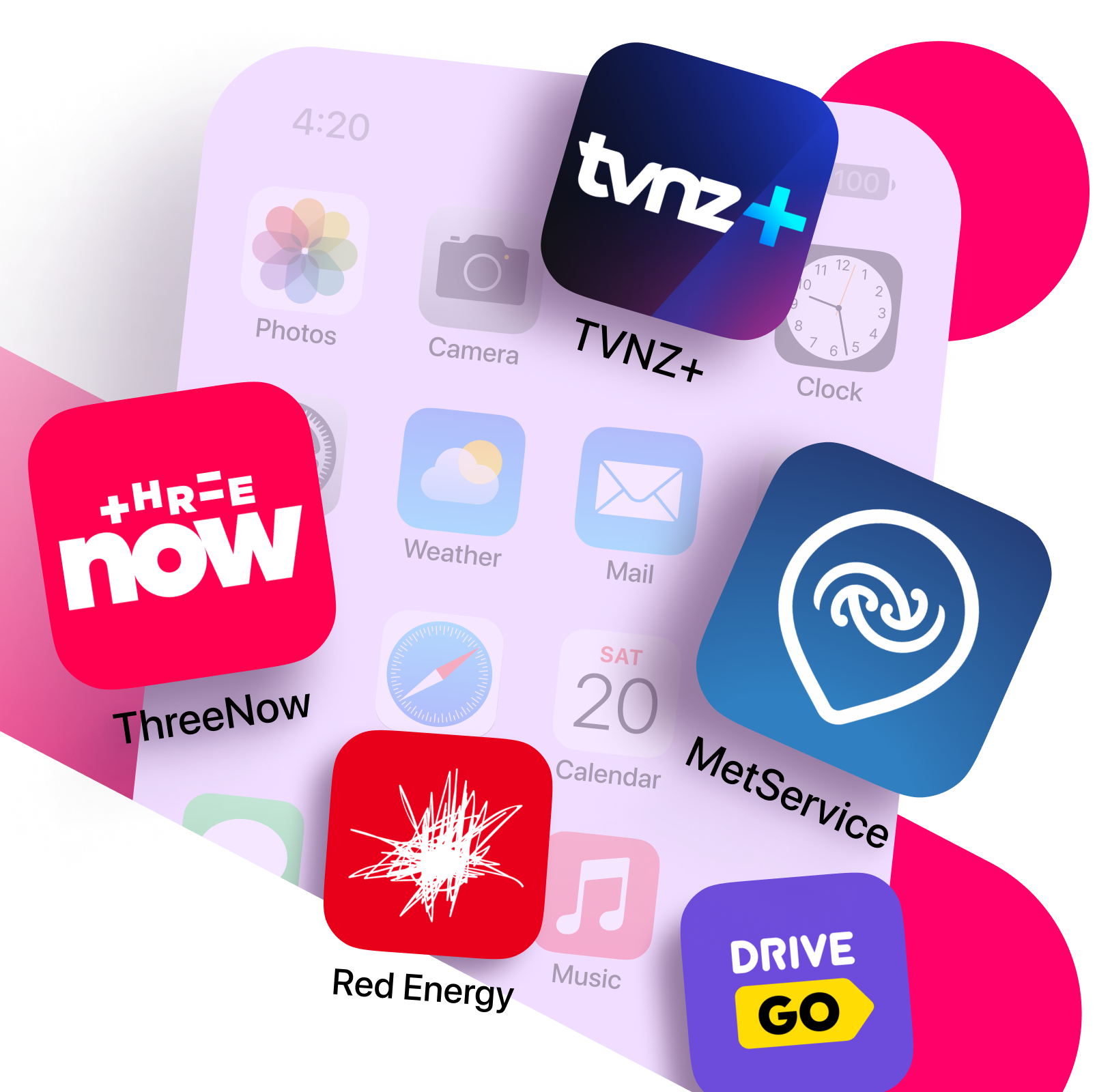Phone screen with app icons for apps that Alphero has created (TVNZ+, ThreeNow, Red Energy, MetService, Drive Go)