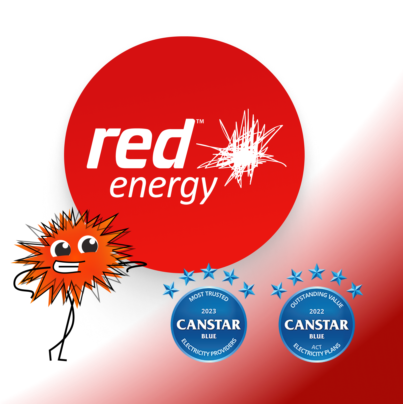 The Red Energy logo with two 'Canstar Blue' award badges. One award for 'Most trusted energy providers' and one award for 'Outstanding value - ACT Electricity plans'.