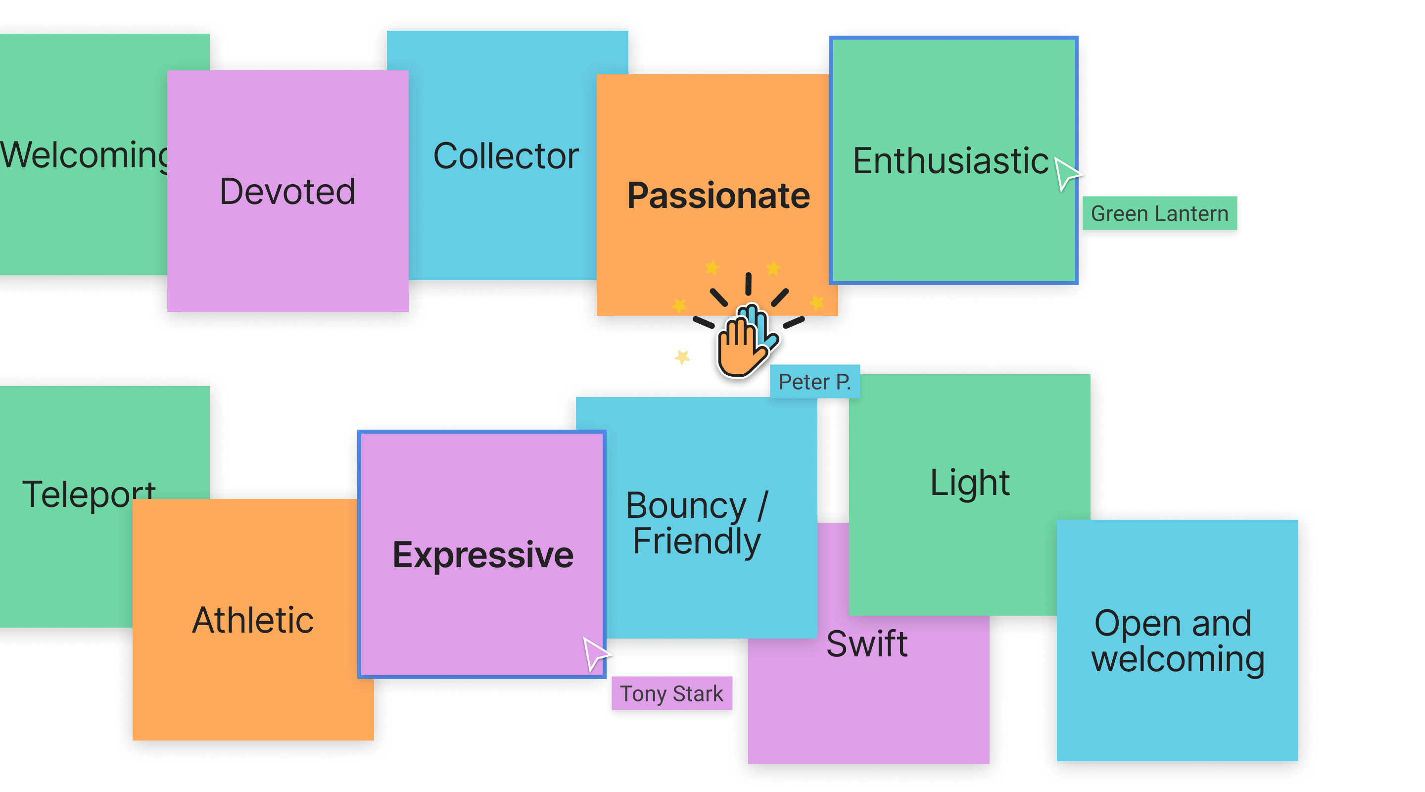 Collection of sticky notes brainstorming the core attributes and values of the redesign