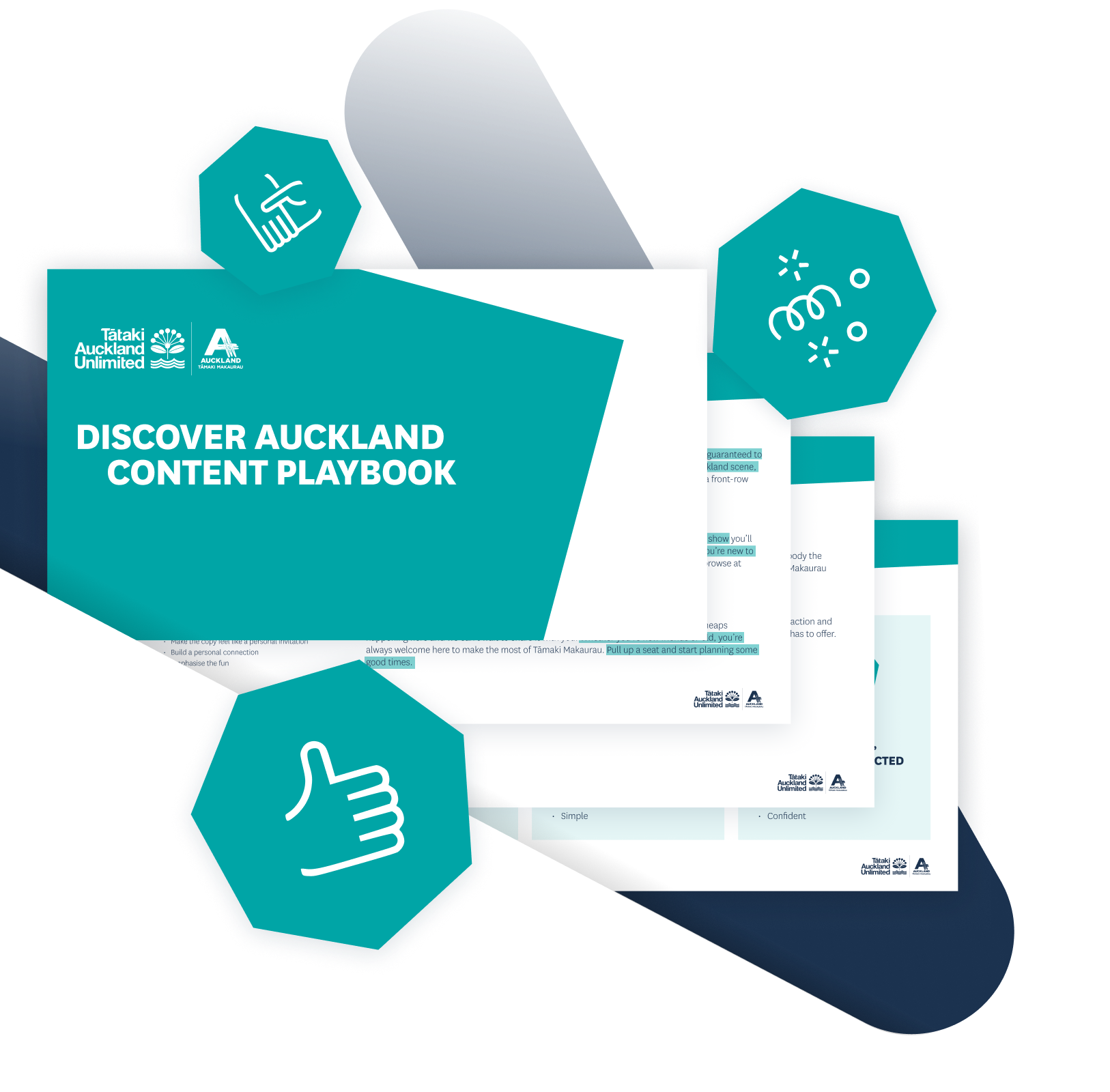 Layered stack of Discover Auckland content playbook pages