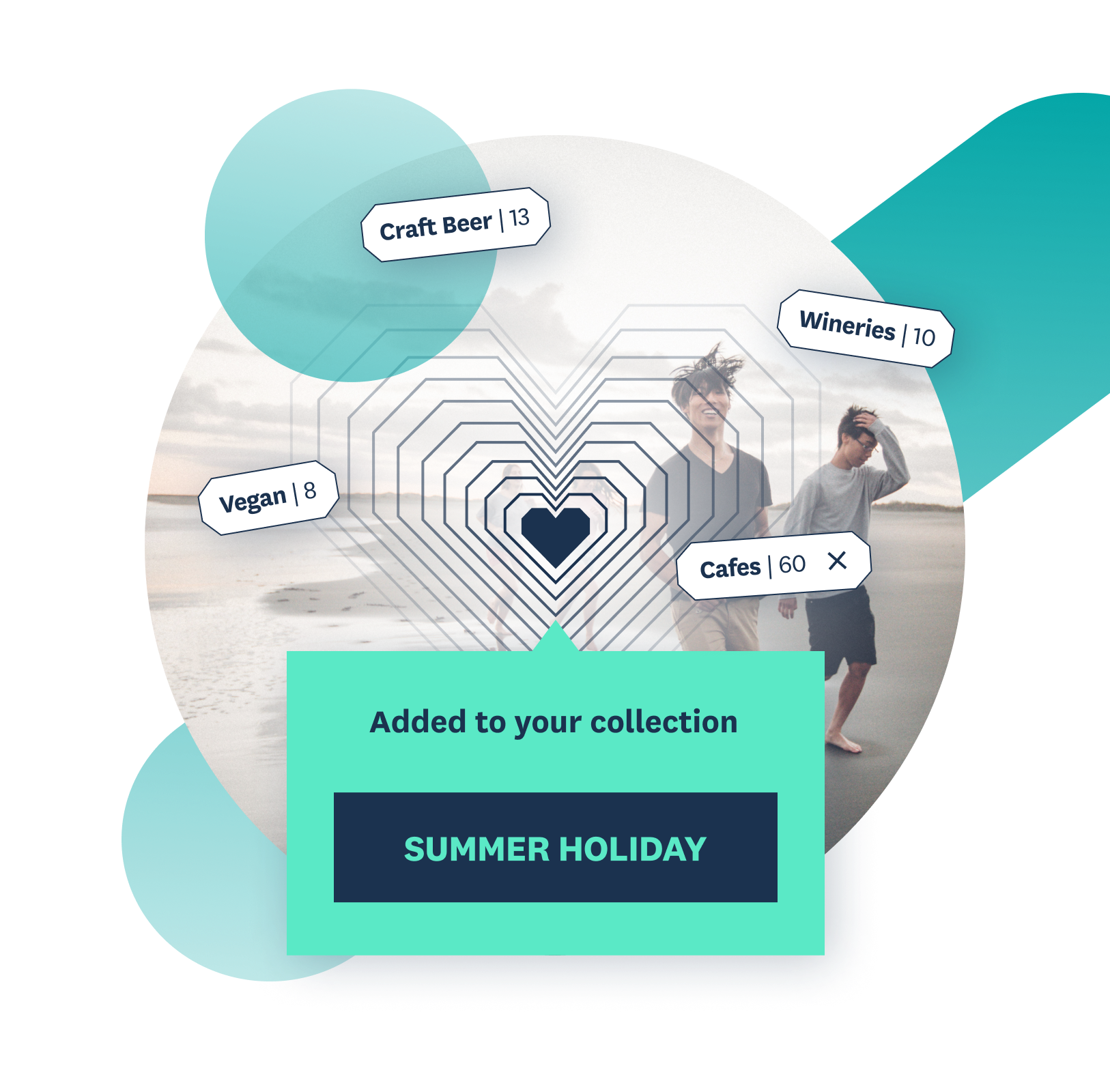 A filled heart icon with the text dialog 'Added to your collection: Summer Holiday'