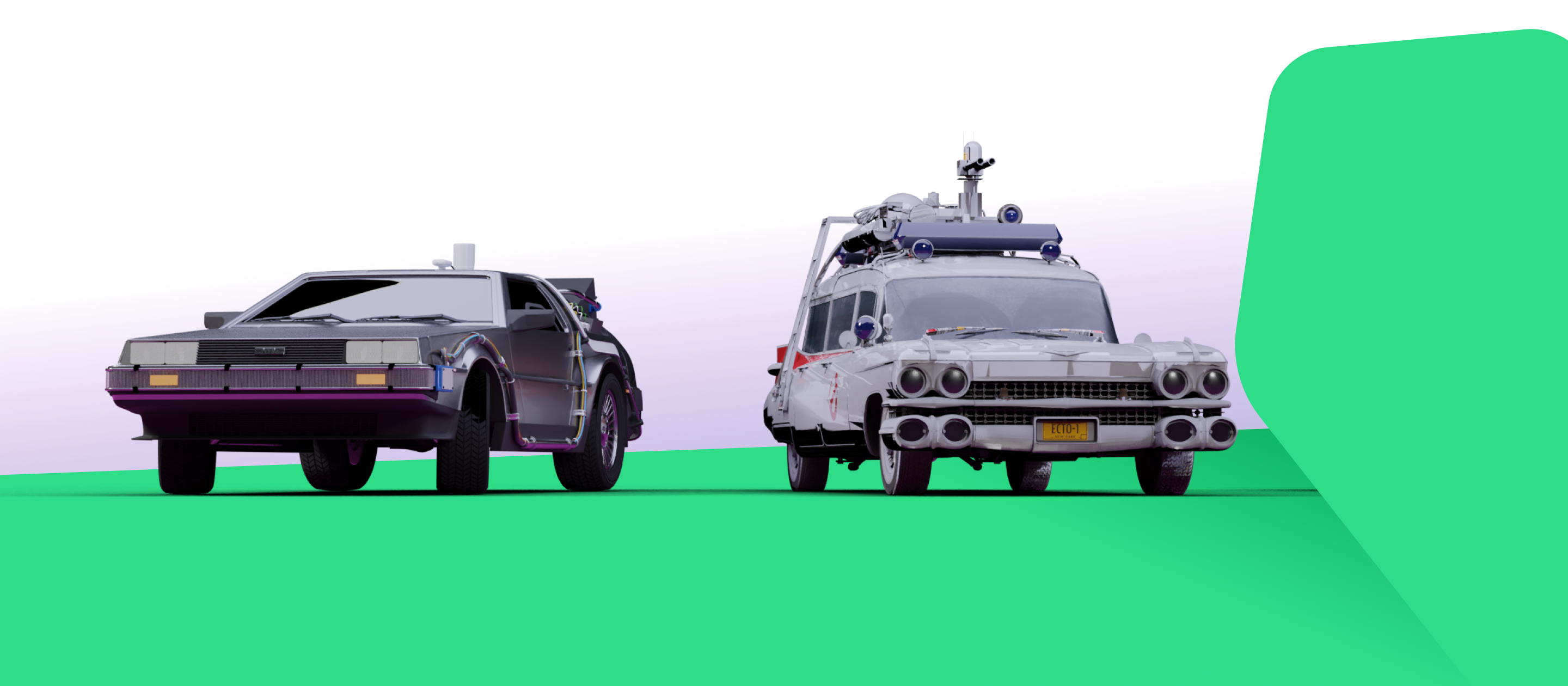 3D rendering of the back to the future car and ghost busters car