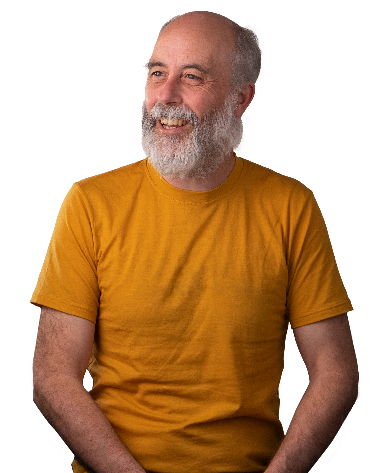 Man with beard wearing a yellow t-shirt