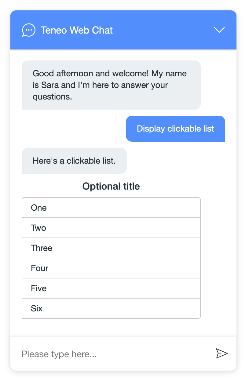 Teneo Web Chat - Clickable list