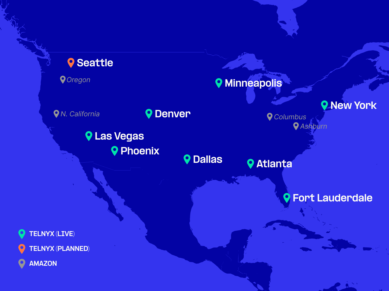 A map with Telnyx Storage current and planned Points of Presence around the US compared to Amazon S3.