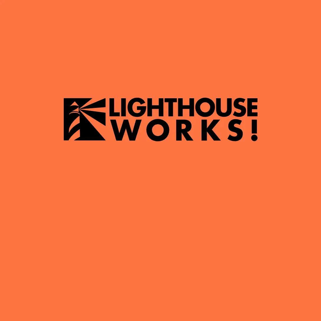 Lighthouse Works logo on orange background