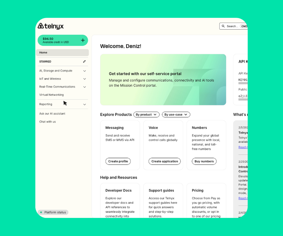 User-friendly Telnyx dashboard