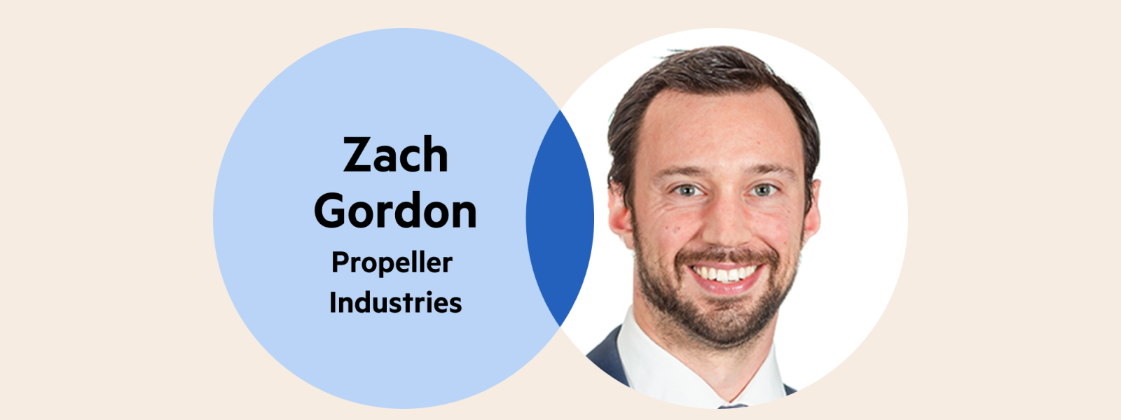 A Venn diagram: the left circle is pale blue with the words 'Zach Gordon, Propeller Industries' and the right circle is Zach's headshot. The circle overlap is a dark blue.