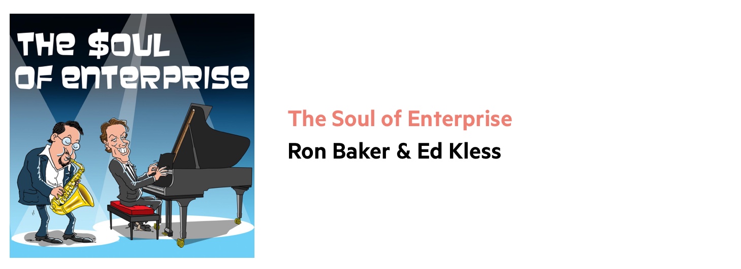 Accounting podcast logo with the words 'The Soul of Enterprise' and two white cartoon men playing the saxophone and piano.