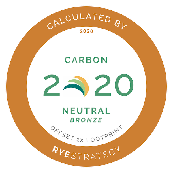 A bronze badge that says Carbon 2020 Neutral Bronze, Offset 1 x Footprint.