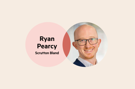 A Venn Diagram: the left circle is pale pink with the words 'Ryan Pearcy, Scrutton Bland', the right circle is Ryan's headshot, and where the circles cross over is deep pink.