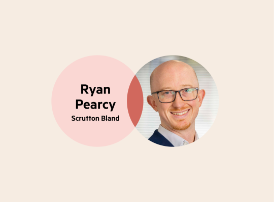 A Venn Diagram: the left circle is pale pink with the words 'Ryan Pearcy, Scrutton Bland', the right circle is Ryan's headshot, and where the circles cross over is deep pink.