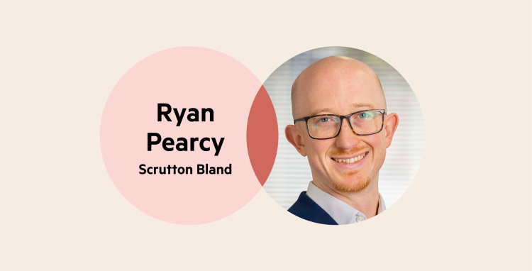 A Venn Diagram: the left circle is pale pink with the words 'Ryan Pearcy, Scrutton Bland', the right circle is Ryan's headshot, and where the circles cross over is deep pink.