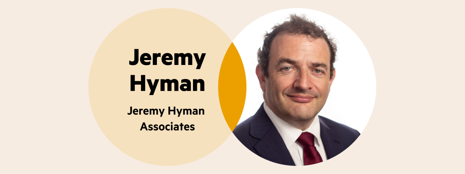 A Venn diagram. The left circle is pale yellow with the words 'Jeremy Hyman, Jeremy Hyman Associates', and the right circle is Jeremy's headshot. He has short hair, and is wearing a white shirt, purple tie and dark jacket.